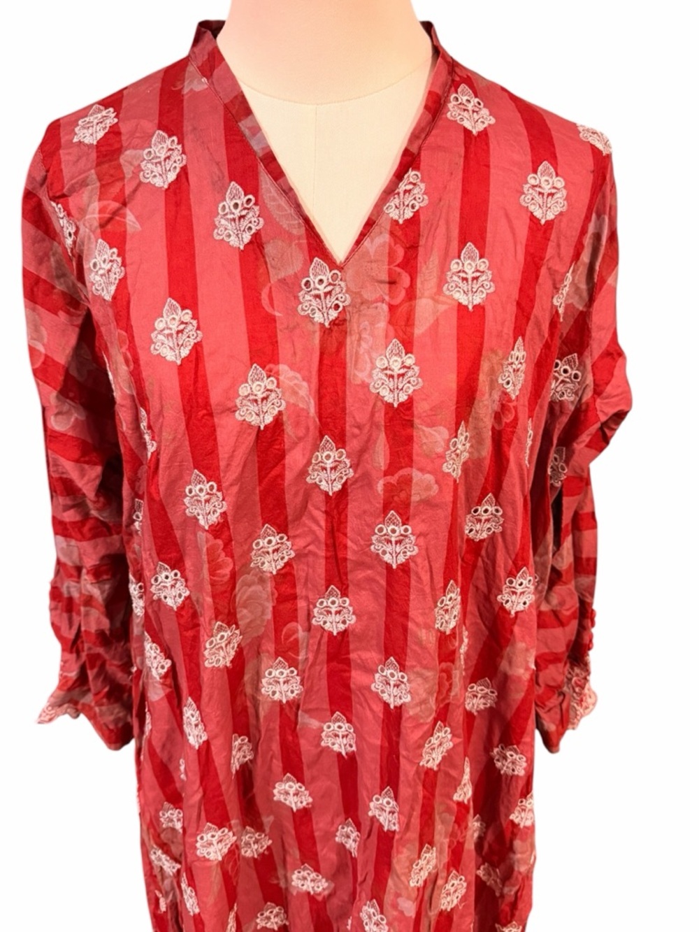 Baroque Embroidered Striped Cotton Kurta Tunic Dress Red White Size Large Boho - Picture 3 of 13